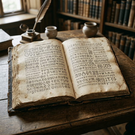 Open antique codex with mysterious symbols on a wooden desk