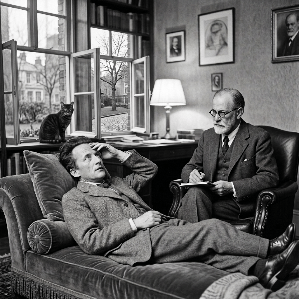 Patient reclines on a sofa while an analyst takes notes beside a sleeping cat