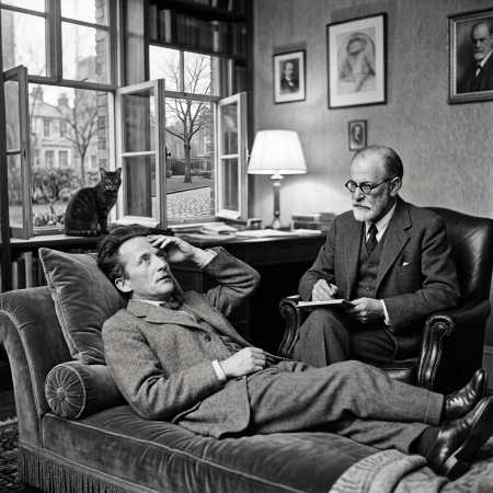 Patient reclines on a sofa while an analyst takes notes beside a sleeping cat