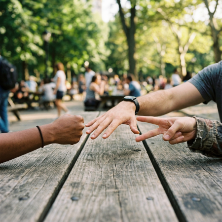 Three people playing rock-paper-scissors over a wooden picnic table