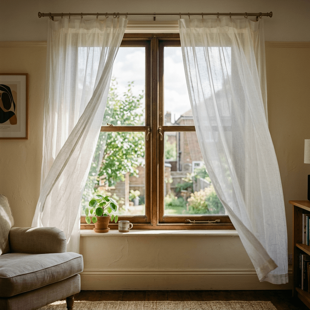 Wooden window with sheer curtains, potted plant, and coffee cup