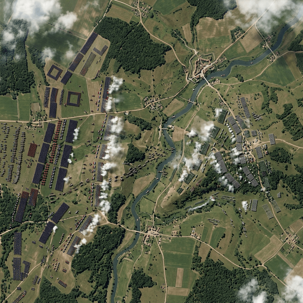 Aerial battlefield with military formations, smoke, fields, forests, and winding river