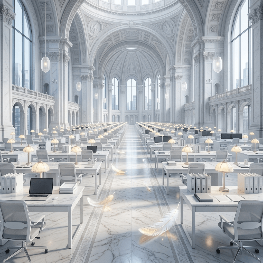 Ornate cathedral interior with rows of desks, lamps, stained glass, and floating feathers