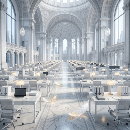 Ornate cathedral interior with rows of desks, lamps, stained glass, and floating feathers
