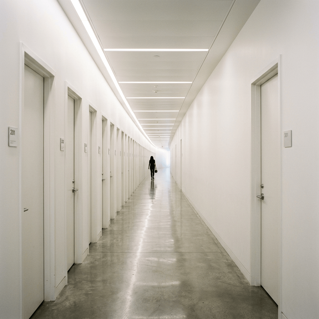 Person walking down a long white corridor lined with numbered doors