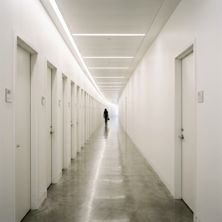Person walking down a long white corridor lined with numbered doors