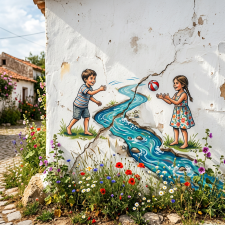 Mural of two children playing beside a winding stream and flowers