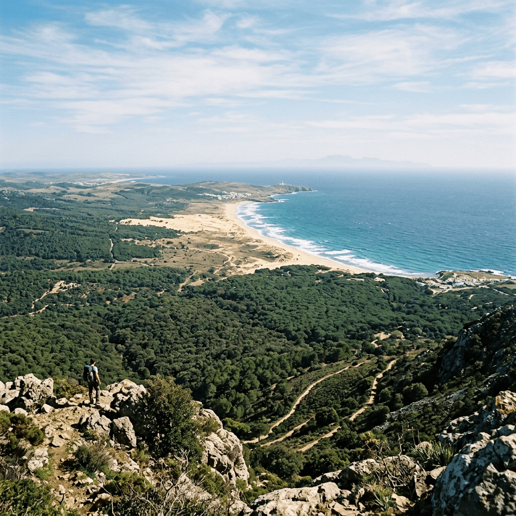 Hiker overlooking forested coast, sandy beach, and turquoise sea