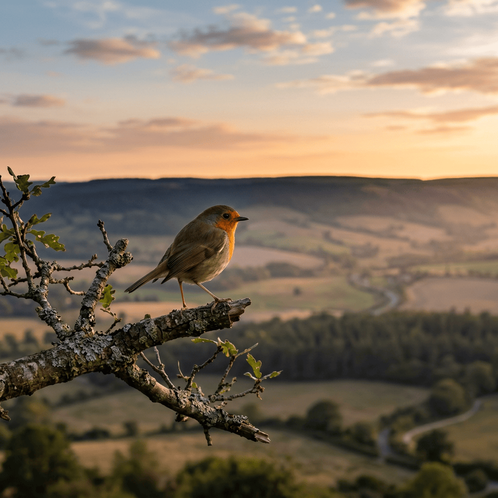 Robin perched on a lichen-covered branch overlooking countryside at sunset