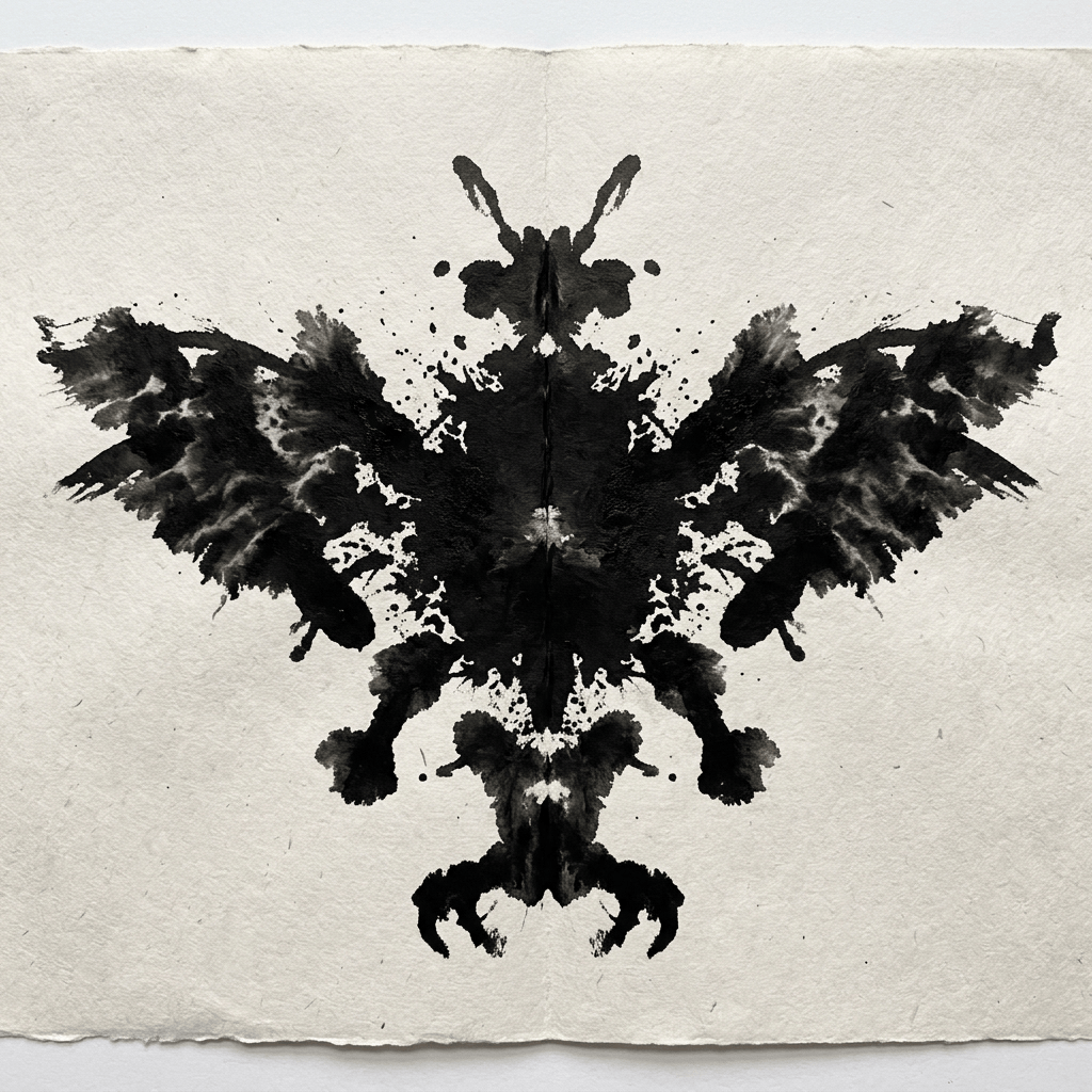 Symmetrical black inkblot resembling an eagle with outstretched wings