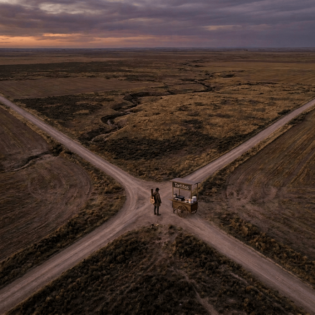 Horses and people gathered at a rural prairie crossroads at sunset